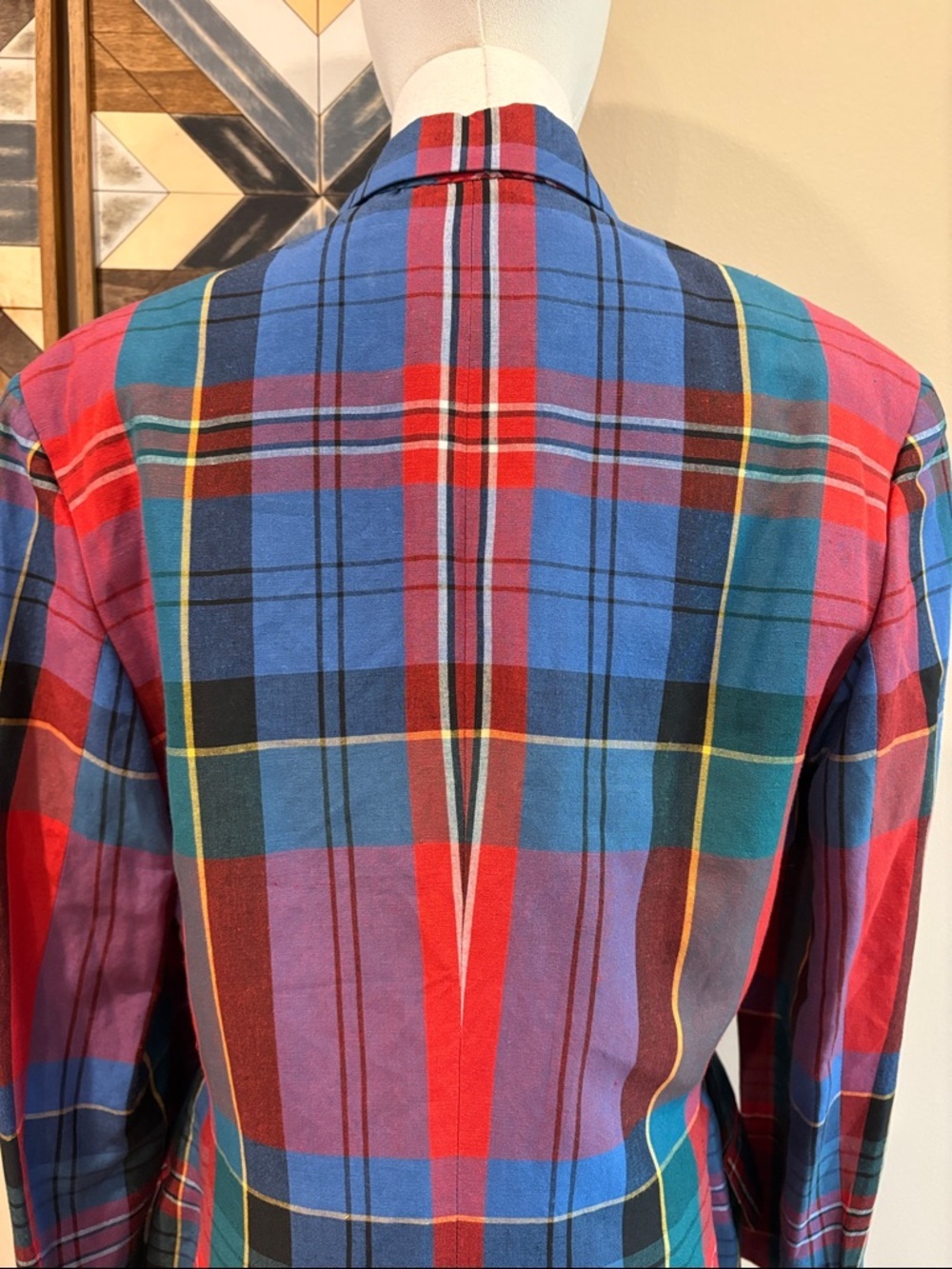 Vintage Ralph Lauren 80s Red Multi Plaid Double-Breasted Blazer Gold Buttons - Picture 8 of 16
